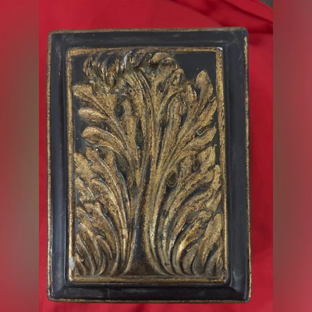 Italian Vintage Ceramic Box. It is black with gold accents and scrolled top. - Picture 1 of 11